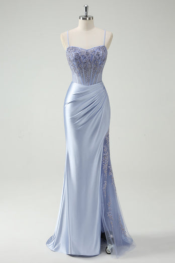 Light Blue Mermaid Ruched Long Prom Dress with Appliques