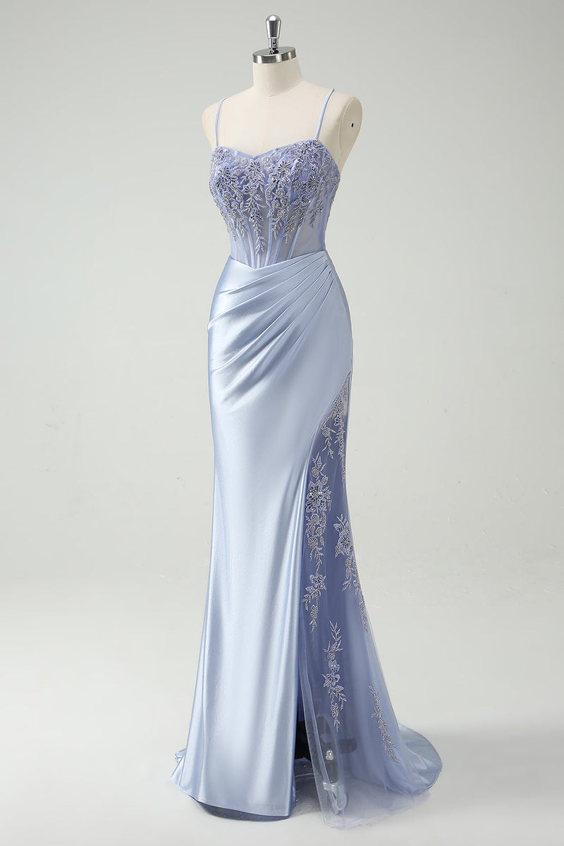 Load image into Gallery viewer, Light Blue Mermaid Ruched Long Prom Dress with Appliques