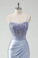 Load image into Gallery viewer, Light Blue Mermaid Ruched Long Prom Dress with Appliques