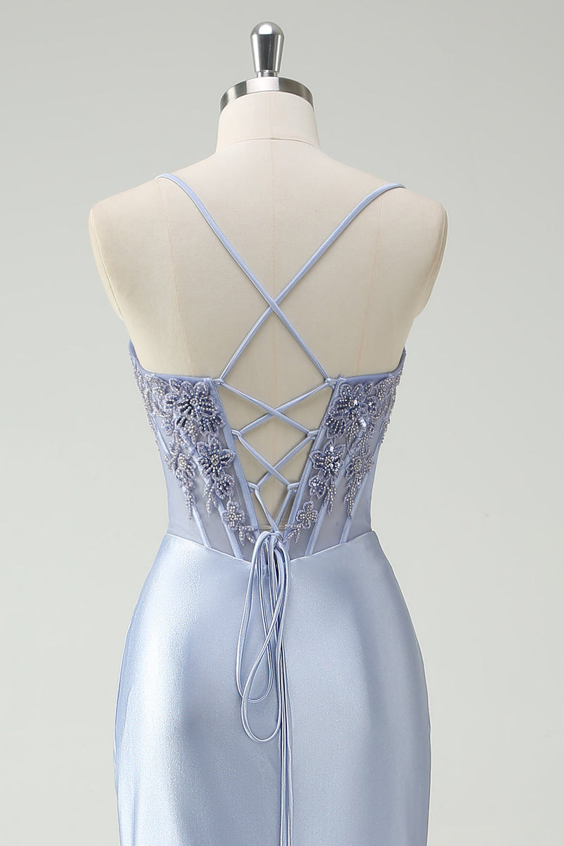 Load image into Gallery viewer, Light Blue Mermaid Ruched Long Prom Dress with Appliques
