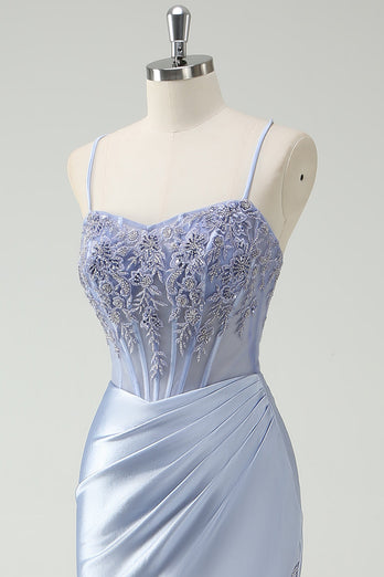 Light Blue Mermaid Ruched Long Prom Dress with Appliques