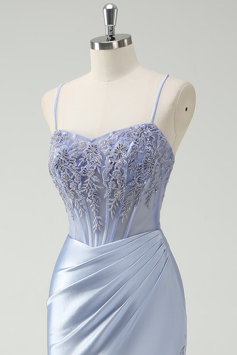 Load image into Gallery viewer, Light Blue Mermaid Ruched Long Prom Dress with Appliques