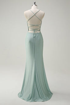 Sage Mermaid Spaghetti Straps Ruched Long Prom Dress