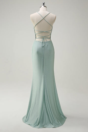 Sage Mermaid Spaghetti Straps Ruched Long Prom Dress