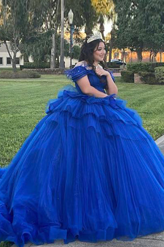 Sparkly Royal Blue Off The Shoulder Tiered Tulle Quinceanera Dress