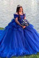 Load image into Gallery viewer, Sparkly Royal Blue Off The Shoulder Tiered Tulle Quinceanera Dress