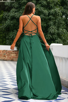 Dark Green Backless Satin Prom Dress with Slit