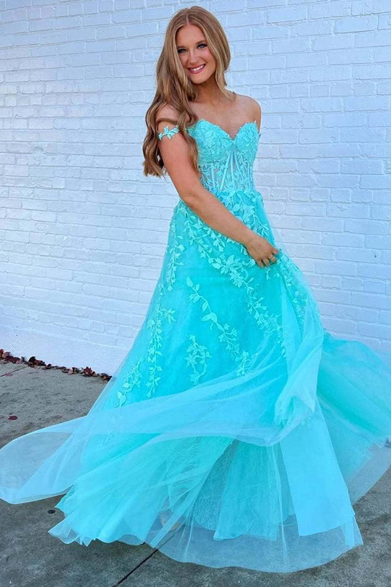 Load image into Gallery viewer, Navy A-Line Spaghetti Straps Tulle Princess Prom Dress with Appliques