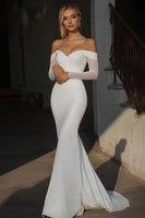 Load image into Gallery viewer, Off the Shoulder Ivory Mermaid Matte Satin Wedding Dress