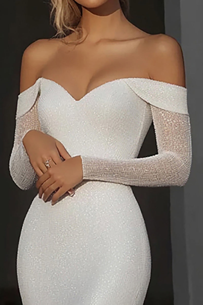 Load image into Gallery viewer, Off the Shoulder Ivory Mermaid Matte Satin Wedding Dress