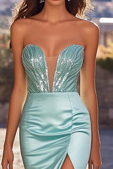 Sheath Blue Sweetheart Beaded Prom Dress with Slit Prom Dress