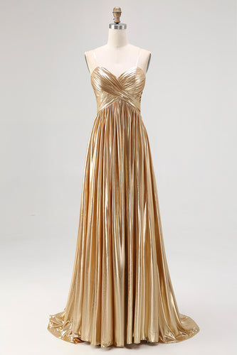 Metallic Strapless Gold A Line Pleated Prom Dress