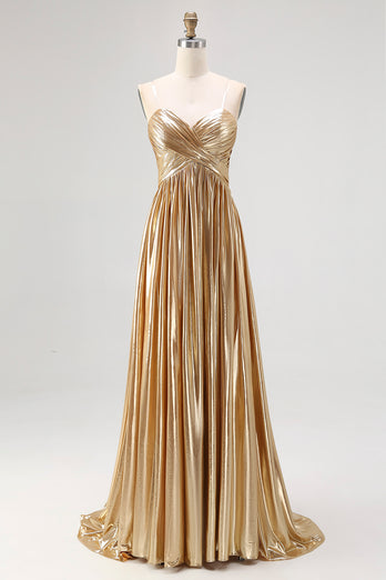 Metallic Satin Gold A Line Pleated Prom Dress