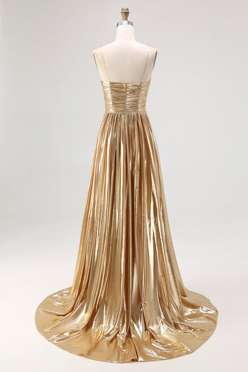 Metallic Satin Gold A Line Pleated Prom Dress