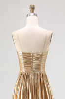 Load image into Gallery viewer, Metallic Strapless Gold A Line Pleated Prom Dress