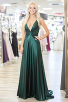 Load image into Gallery viewer, A Line Pleated V Neck Dark Green Satin Long Prom Dress