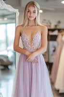 Load image into Gallery viewer, Light Purple Tulle A Line Appliqued Sleeveless Long Prom Dress