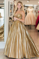 Load image into Gallery viewer, A Line Gold Sun-Pleated Sleeveless Metallic Satin Long Prom Dress