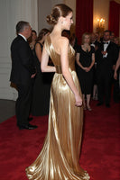 Load image into Gallery viewer, Golden One Shoulder Sheath Metallic Satin Long Formal Dress