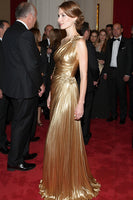 Load image into Gallery viewer, Golden One Shoulder Sheath Metallic Satin Long Formal Dress