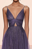 Load image into Gallery viewer, Grey Purple A Line Pleated V Neck Tulle Gala Dress