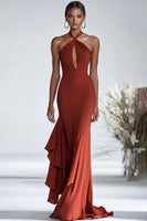 Load image into Gallery viewer, Halter Terracotta Chiffon Ruffles Sheath Red Gala Dress