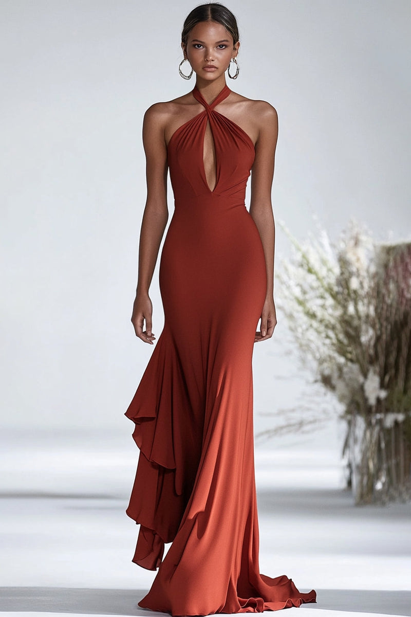 Load image into Gallery viewer, Halter Terracotta Chiffon Ruffles Sheath Red Gala Dress