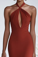 Load image into Gallery viewer, Halter Terracotta Chiffon Ruffles Sheath Red Gala Dress