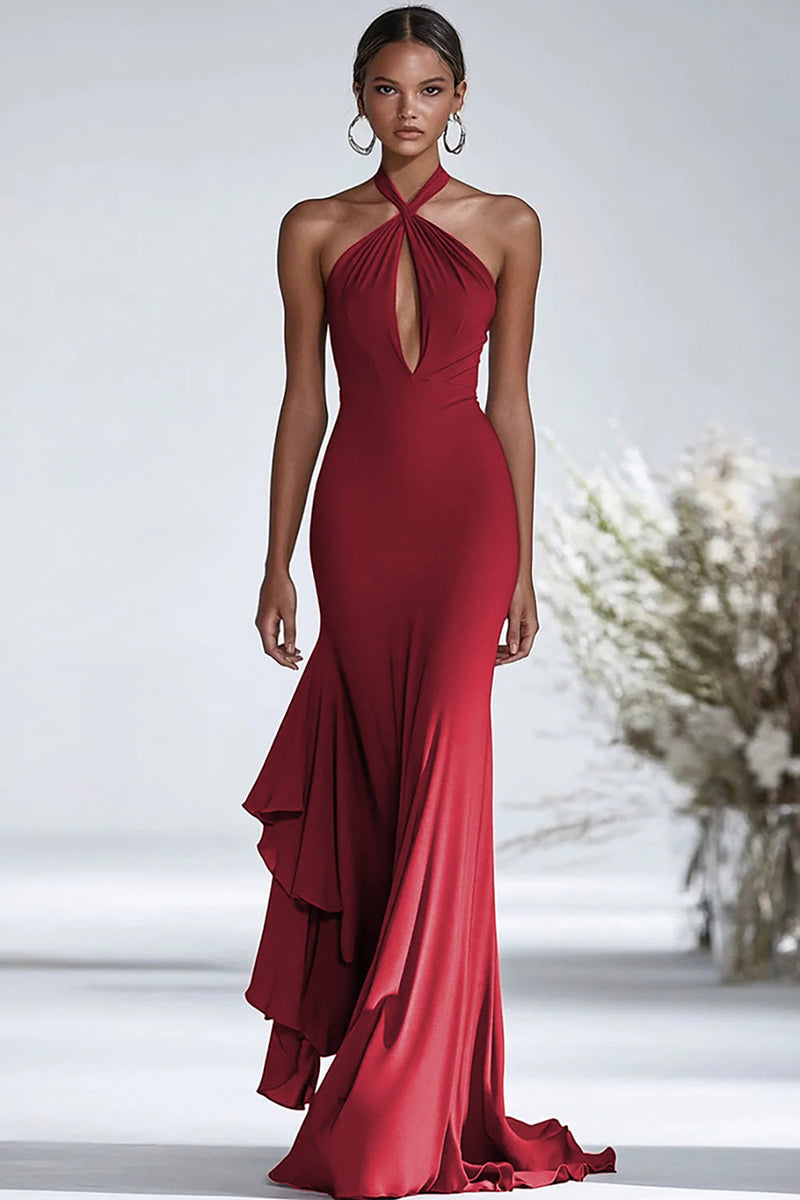 Load image into Gallery viewer, Halter Terracotta Chiffon Ruffles Sheath Red Gala Dress