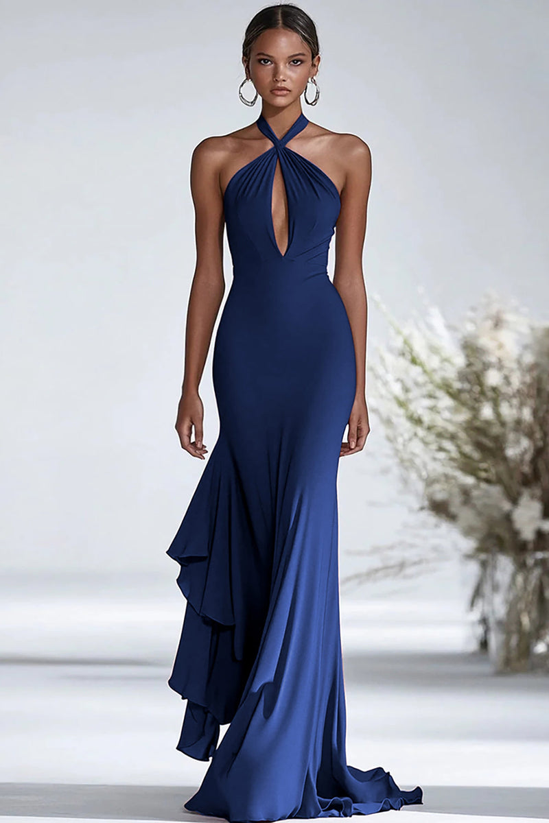 Load image into Gallery viewer, Halter Terracotta Chiffon Ruffles Sheath Red Gala Dress