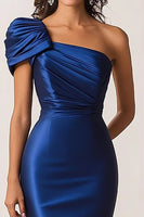 Load image into Gallery viewer, Dark Blue Mermaid Satin One Shoulder Military Ball Dress