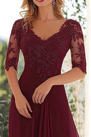Load image into Gallery viewer, Elegant Burgundy  A Line V Neck Chiffon Long Mother Of the Bride Dress with Lace Appliques
