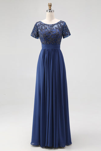 Navy A-Line Appliqued Chiffon Beaded Long Mother Of the Bride Dress