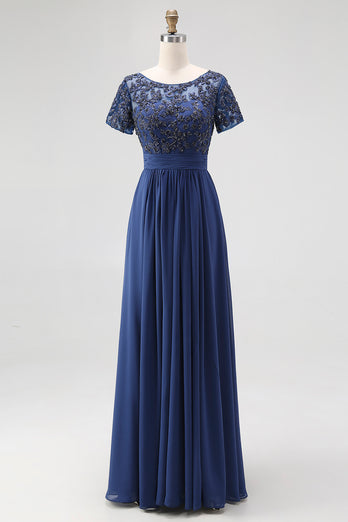Navy A-Line Appliqued Chiffon Beaded Long Mother Of the Bride Dress