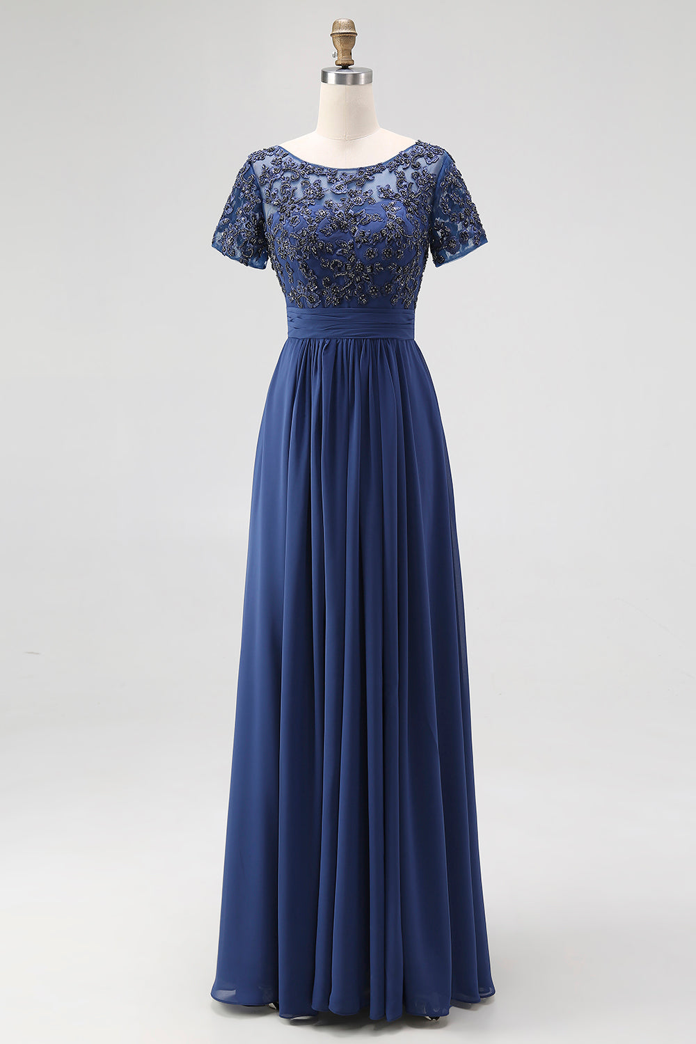 Navy A-Line Appliqued Chiffon Beaded Long Mother Of the Bride Dress