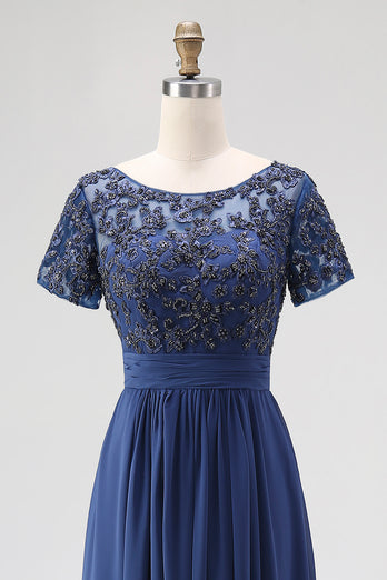 Navy A-Line Appliqued Chiffon Beaded Long Mother Of the Bride Dress