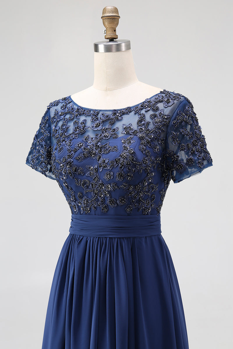 Load image into Gallery viewer, Navy A-Line Appliqued Chiffon Beaded Long Mother Of the Bride Dress