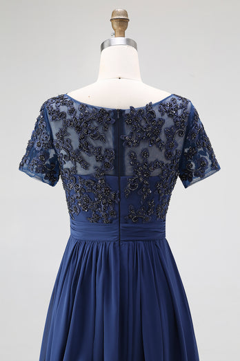 Navy A-Line Appliqued Chiffon Beaded Long Mother Of the Bride Dress
