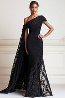 Load image into Gallery viewer, Black Mermaid One Shoulder Lace Long Formal Dress with Side Shoulder Cape