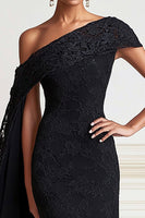 Load image into Gallery viewer, Black Mermaid One Shoulder Lace Long Formal Dress with Side Shoulder Cape