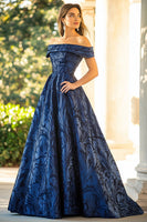 Load image into Gallery viewer, Navy A-Line Off the Shoulder Ruched Jacquard Long Formal Dress