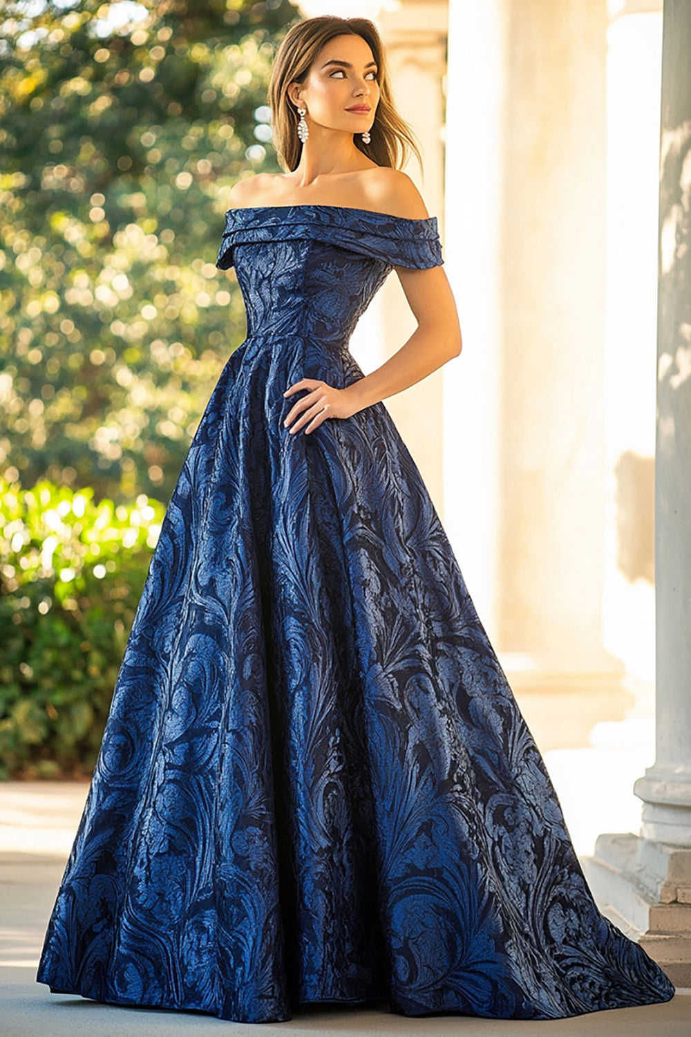 Navy A-Line Off the Shoulder Ruched Jacquard Long Formal Dress