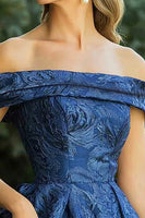 Load image into Gallery viewer, Navy A-Line Off the Shoulder Ruched Jacquard Long Formal Dress