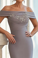 Load image into Gallery viewer, Grey Sheath Off the Shoulder Satin Embroidered Mother of the Bride Dress