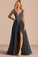 Load image into Gallery viewer, Grey A Line V-Neck Lace Appliques Mother of the Bride Dress with Slit