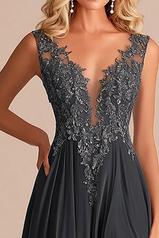 Grey A Line V-Neck Lace Appliques Mother of the Bride Dress with Slit
