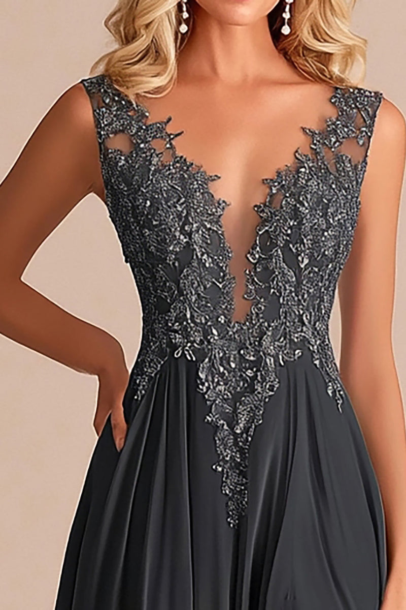 Load image into Gallery viewer, Grey A Line V-Neck Lace Appliques Mother of the Bride Dress with Slit