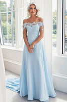 Load image into Gallery viewer, Sky Blue A Line Off The Shoulder Lace Appliques Mother of the Bride Dress