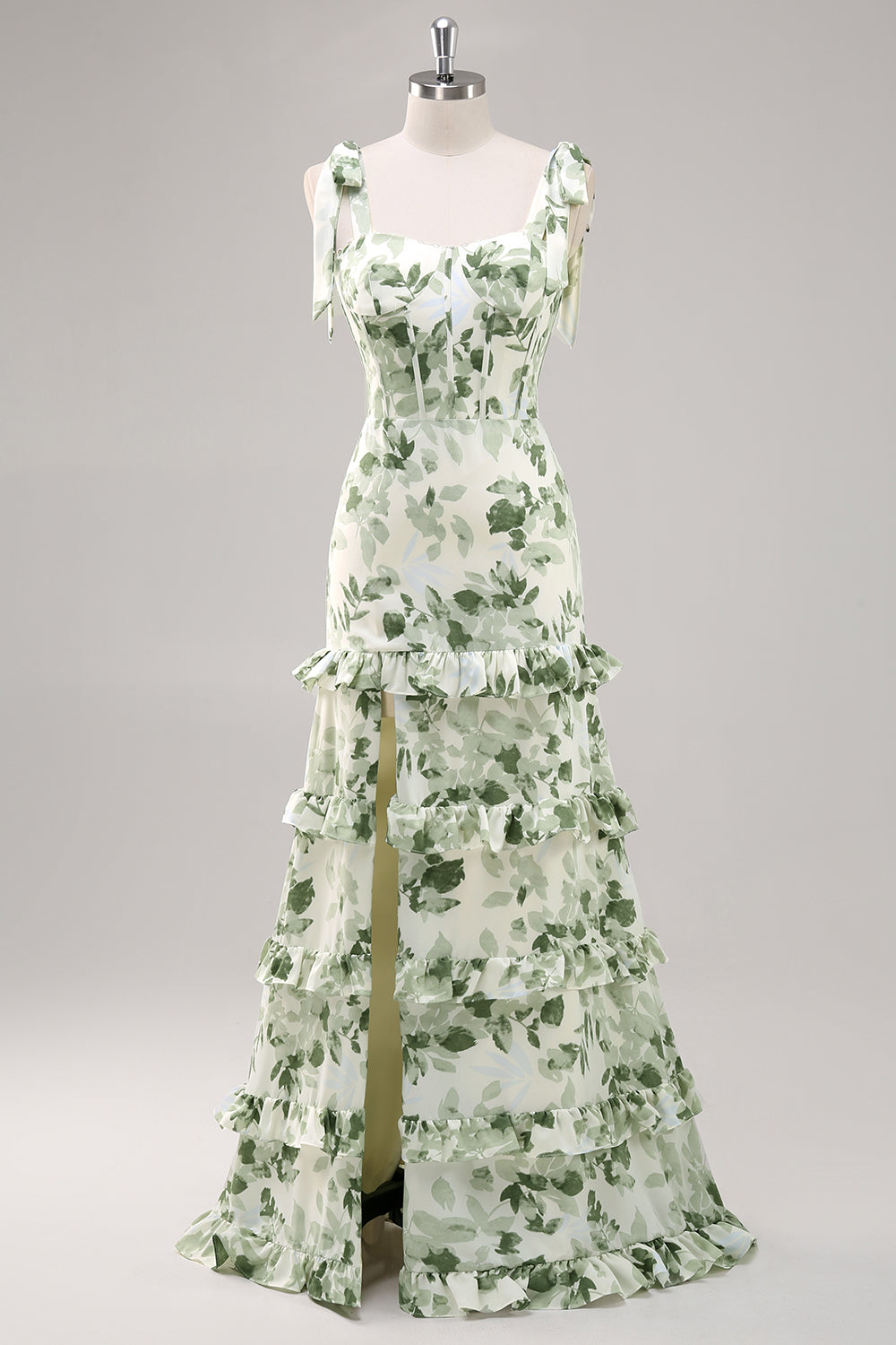 Green Flower A Line Square Neck Ruffled Long Bridesmaid Dress