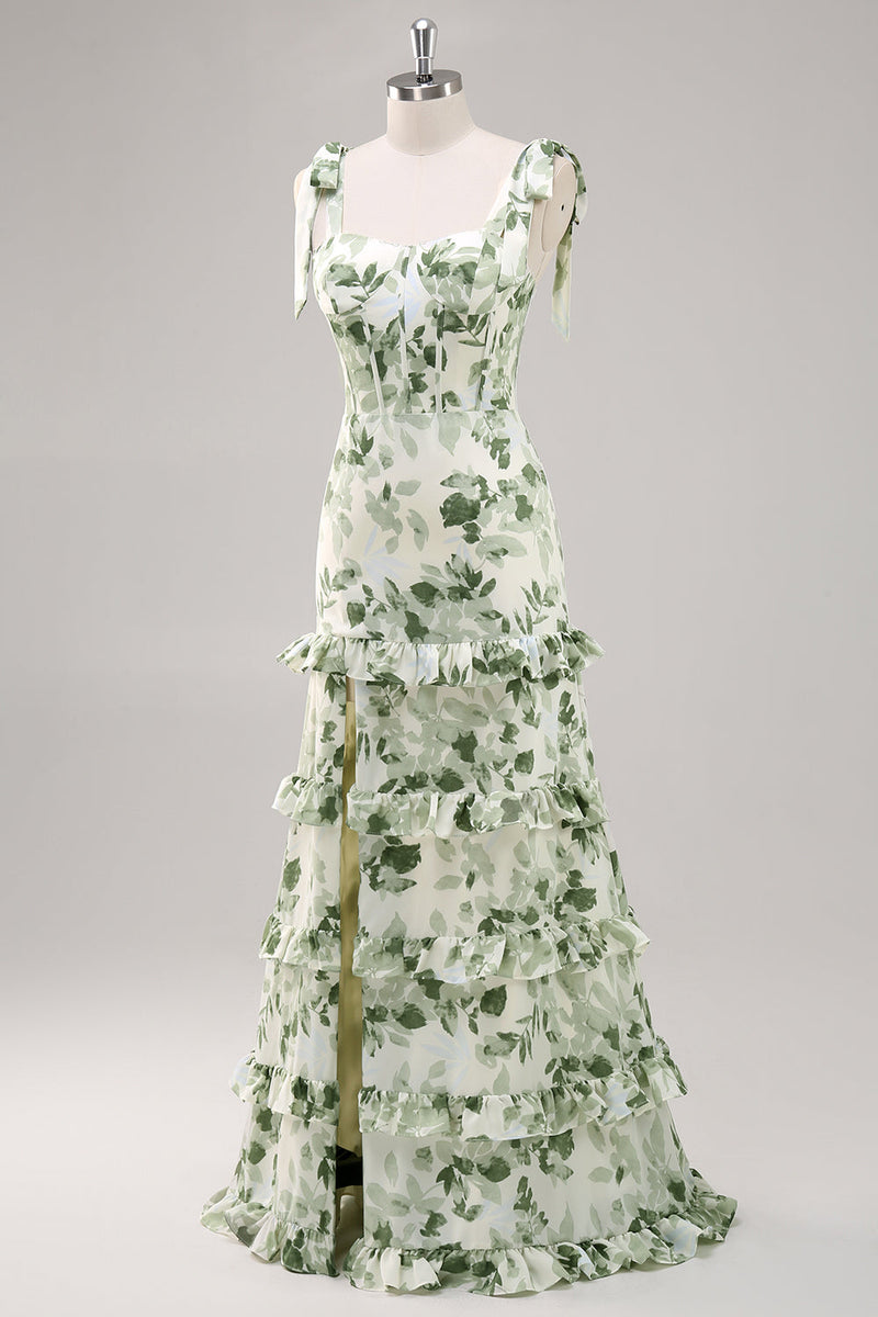Load image into Gallery viewer, Green Flower A Line Square Neck Ruffled Long Bridesmaid Dress